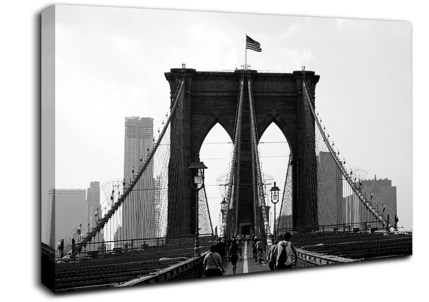 Cycling To The City Through Brooklyn Bridge Canvas Wall Art