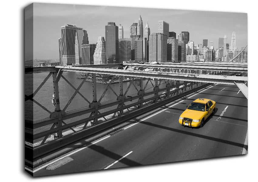 Yellow Cab On Brooklyn Bridge 1 Canvas Wall Art