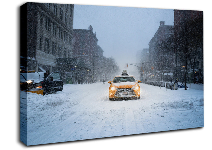 Yellow Cab In The Snow Canvas Wall Art