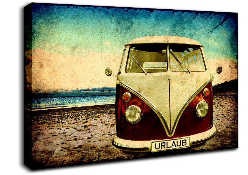 VW Camper Van At The Beach Canvas Wall Art