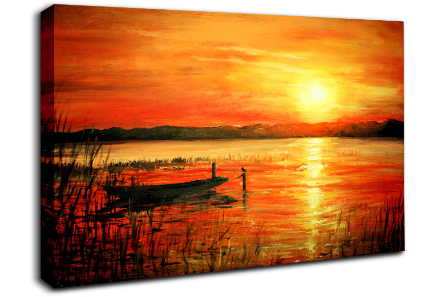 Row Boat On The Sunset Waters Canvas Wall Art