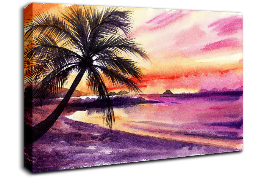 Watercolour Purple Palm Tree Ocean Canvas Wall Art