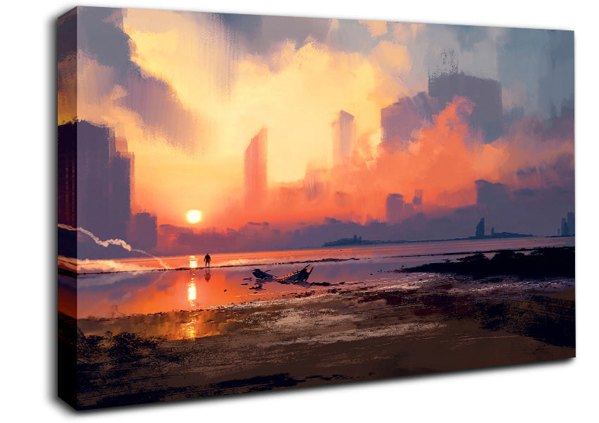 Sunset Ocean City Canvas Wall Art