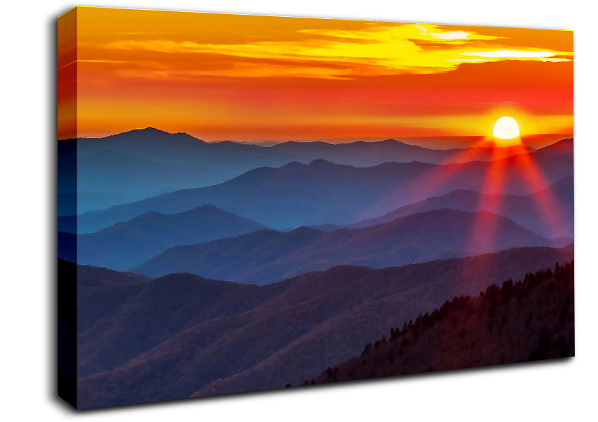 Blue Misty Mountain Sun 3 Canvas Wall Art