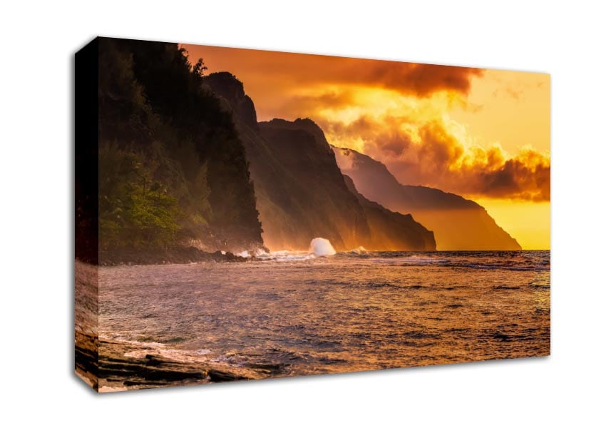 Cliff sunset crashing ocean Canvas Wall Art