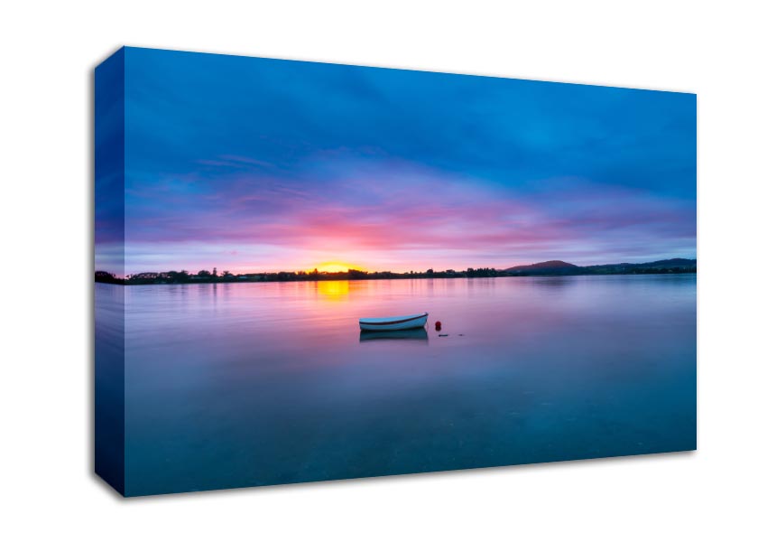 Small row boat on calm lake Canvas Wall Art