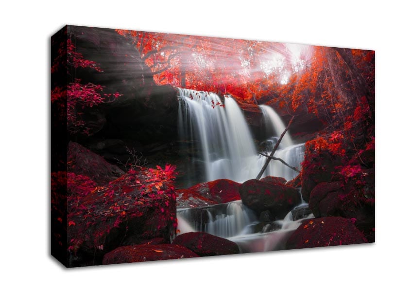 Red Forest Waterfall Delight Canvas Wall Art