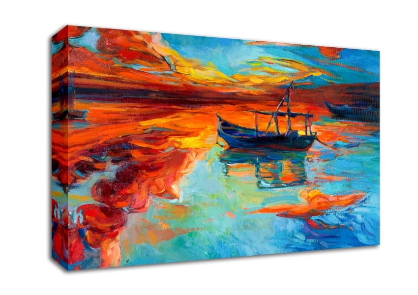 Row boat on the horizon of colour Canvas Wall Art