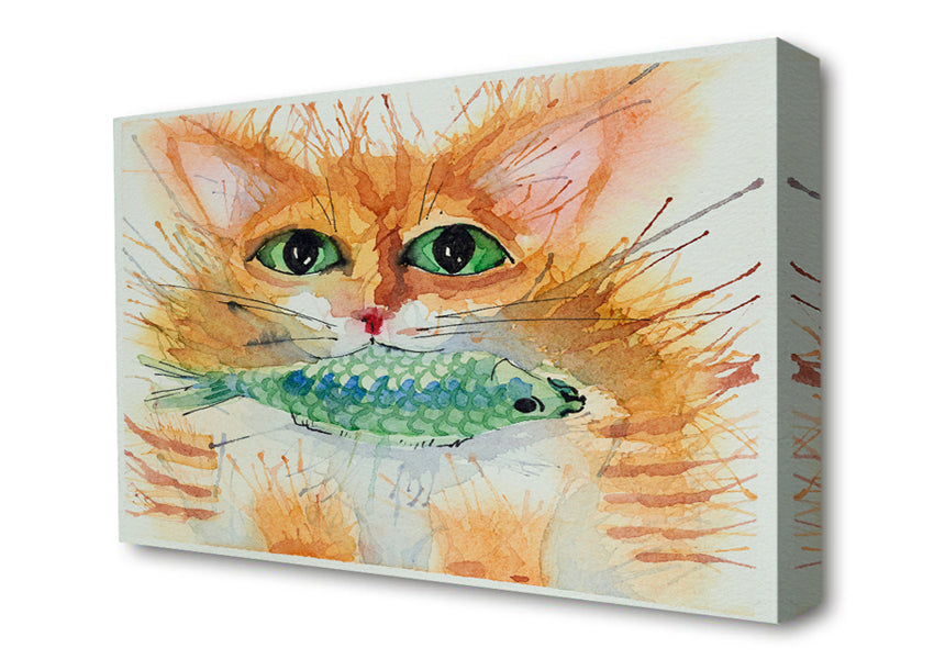 Watercolour Cat With Fish Canvas Wall Art