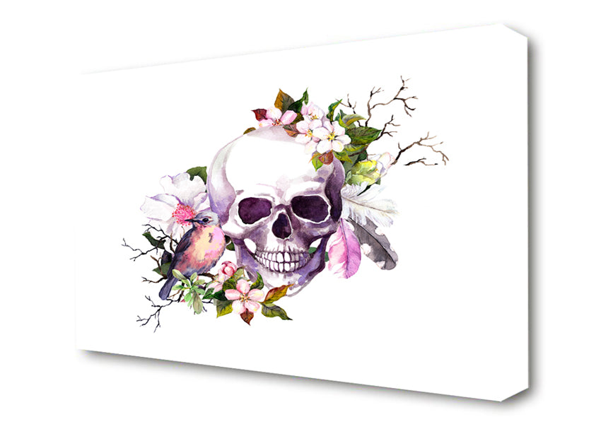 Skull Flowers And Bird Canvas Wall Art