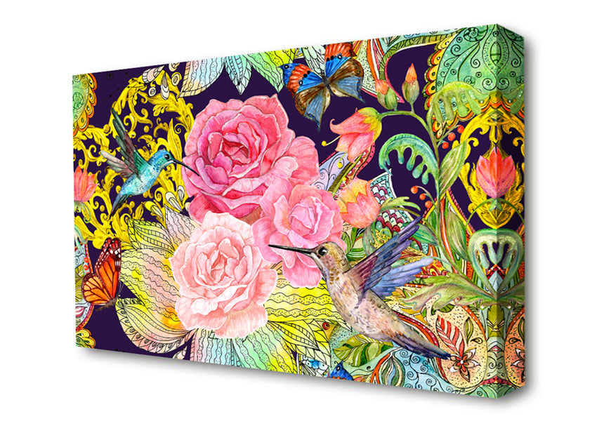 Hummingbird Flowers Dark Canvas Wall Art