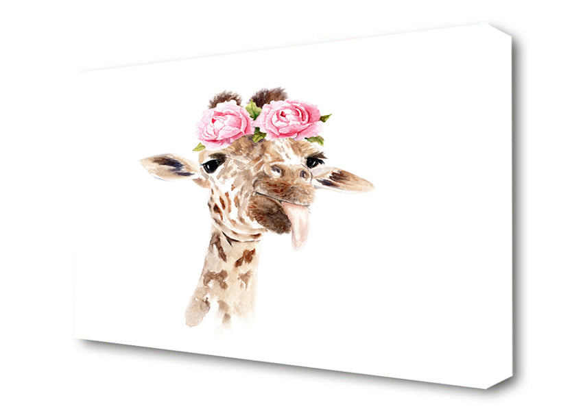 Roses On A Giraffe'S Head Canvas Wall Art