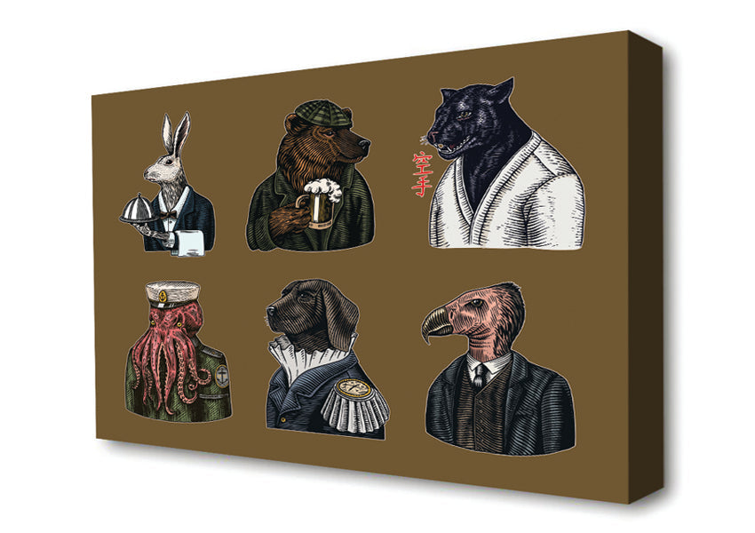 Six Vintage Animal People Canvas Wall Art