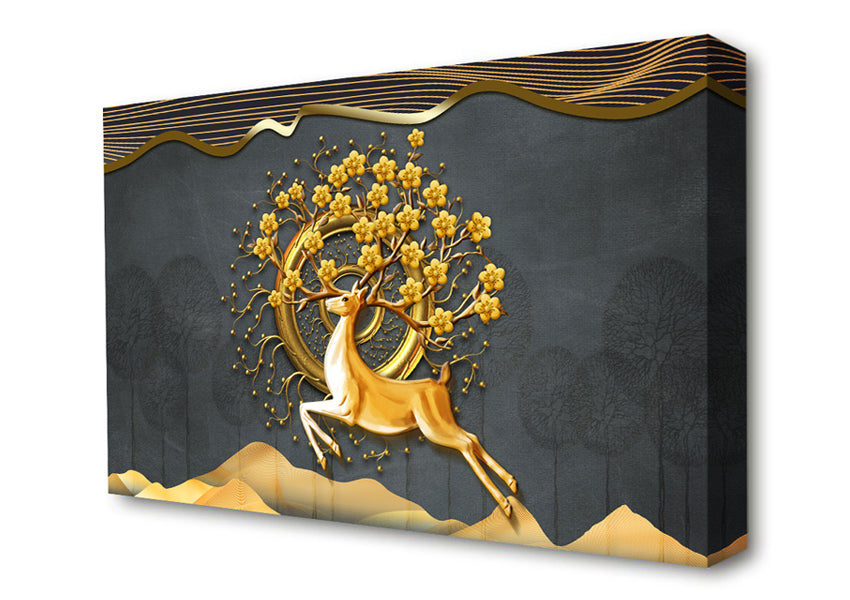 The Gold Flower Stag Tree Canvas Wall Art