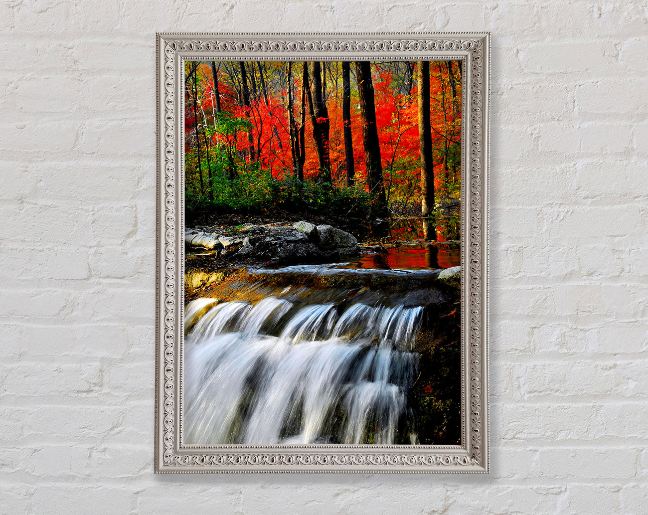 Autumn Waterfall Forest Framed Wall Art