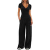 2 Pieces Women's V Neck Short-sleeve Sportswear Top And Wide-leg Pants Set Casual Comfortable Outfit Set For Daily Wear Gym Sports Outfit