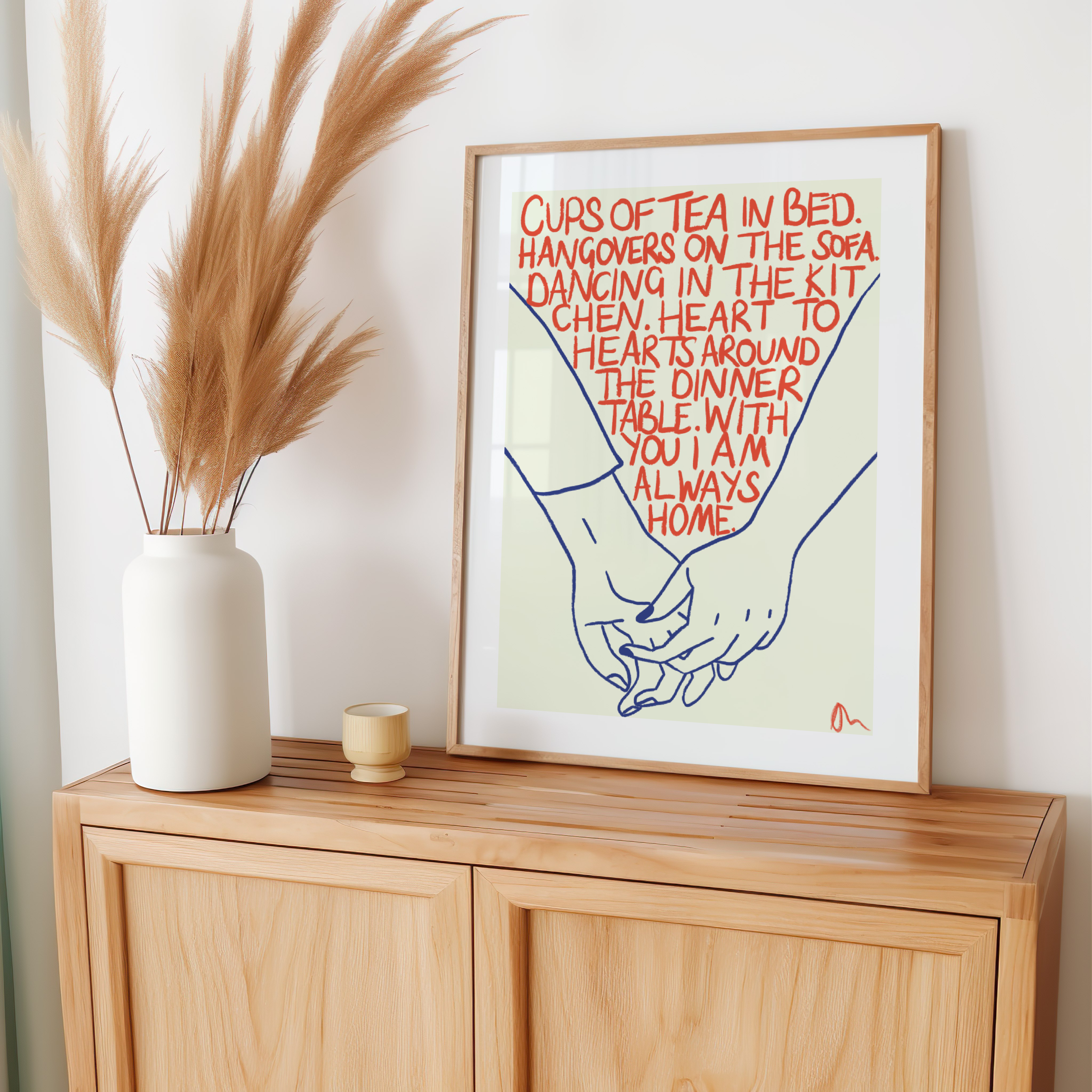 Cups of Tea | Orange and Blue Cute Romantic Hand Drawn Typographic Art Print