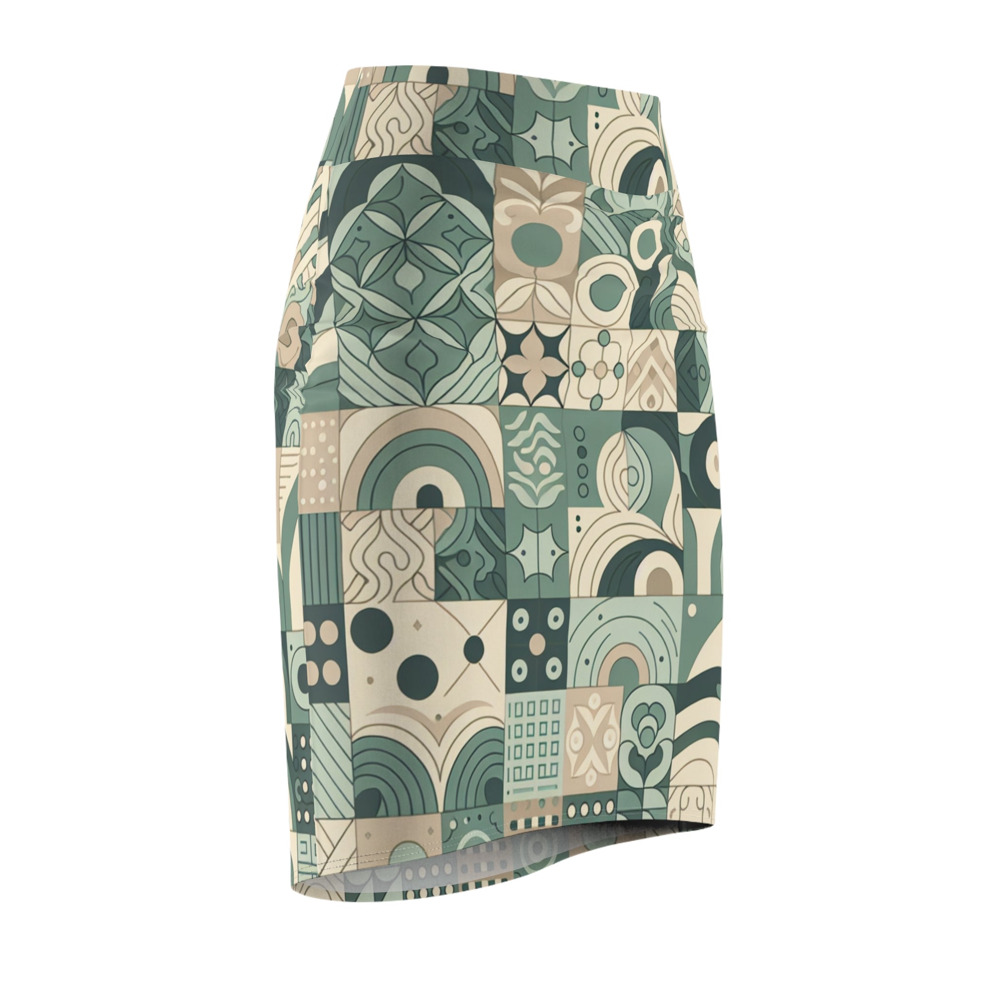 Chic Pastel Green Pencil Skirt with Block Print Design - Elegant Curve-Hugging Fit
