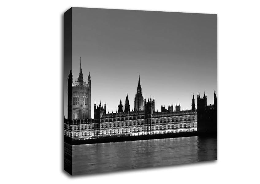 London Houses Of Parliament On The Thames B n W Canvas Wall Art