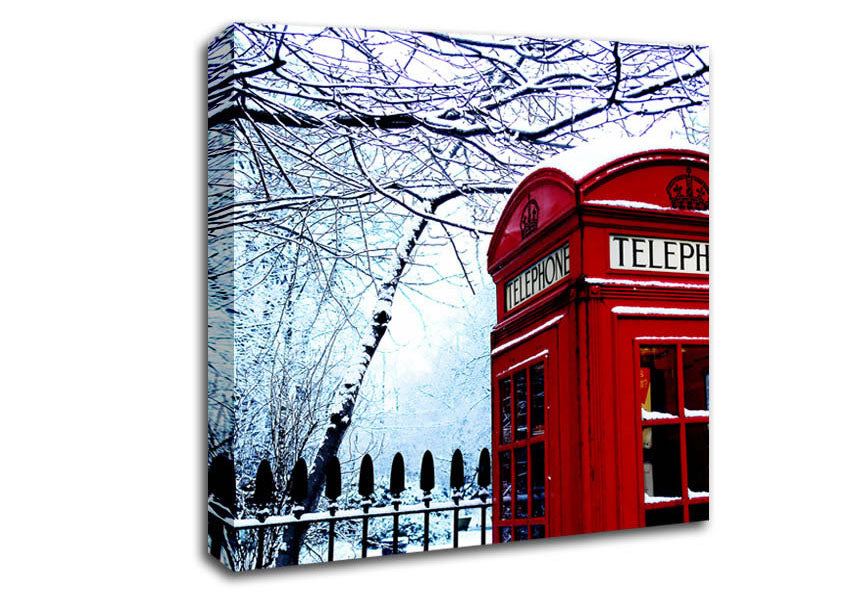 London Telephone Box In The Snow Canvas Wall Art