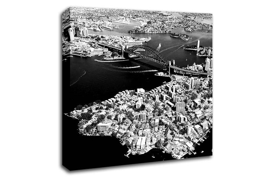 Sydney Harbour Bridge Ariel View B n W Canvas Wall Art