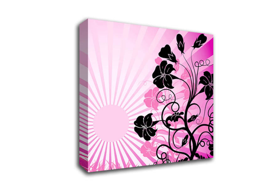 Black Flowers Pink Sunrays Canvas Wall Art