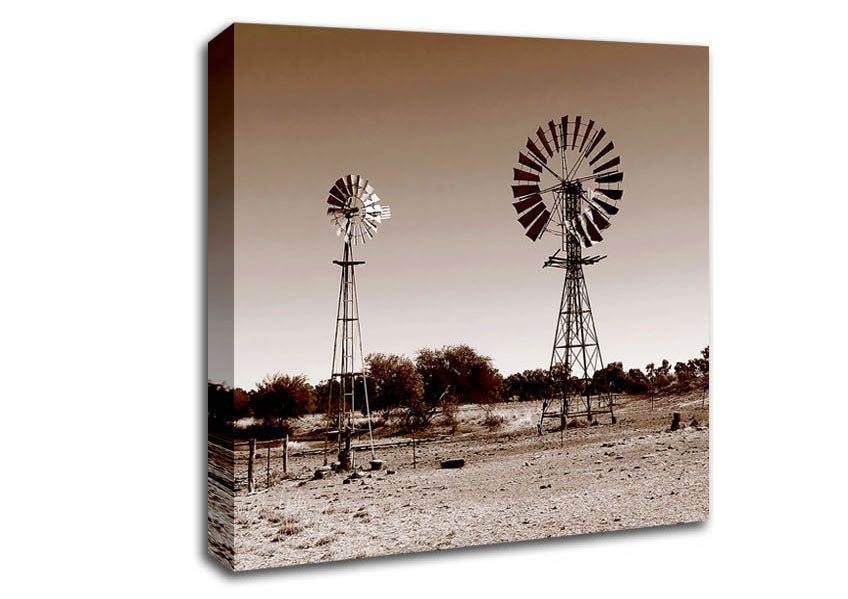 Australian Windmills Sepia Canvas Wall Art