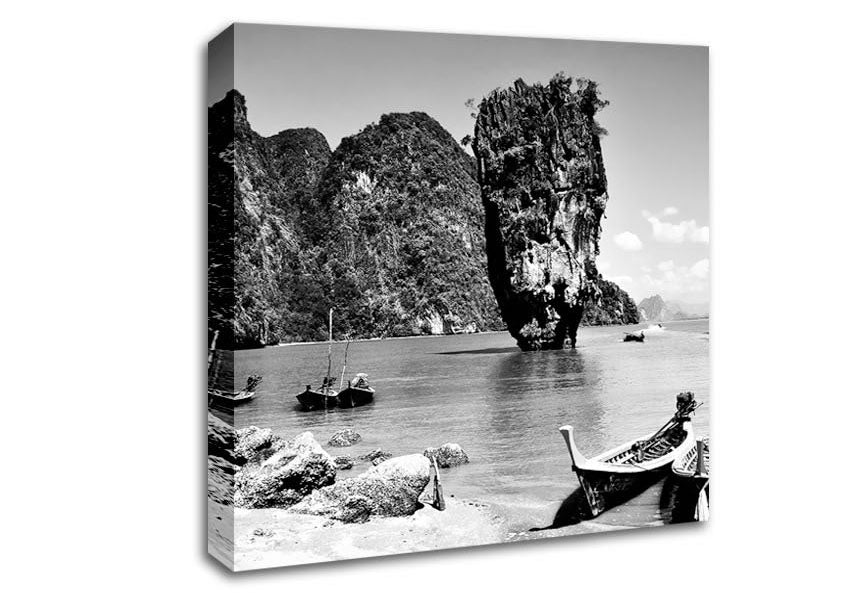 Paradise Island Boats B n W Canvas Wall Art