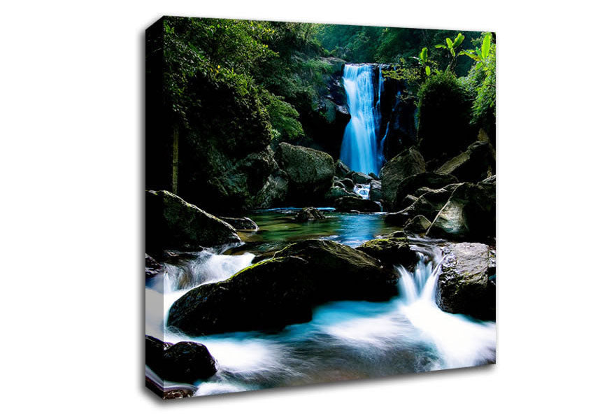 Enchanted Blue Waterfall Forest Flows Canvas Wall Art