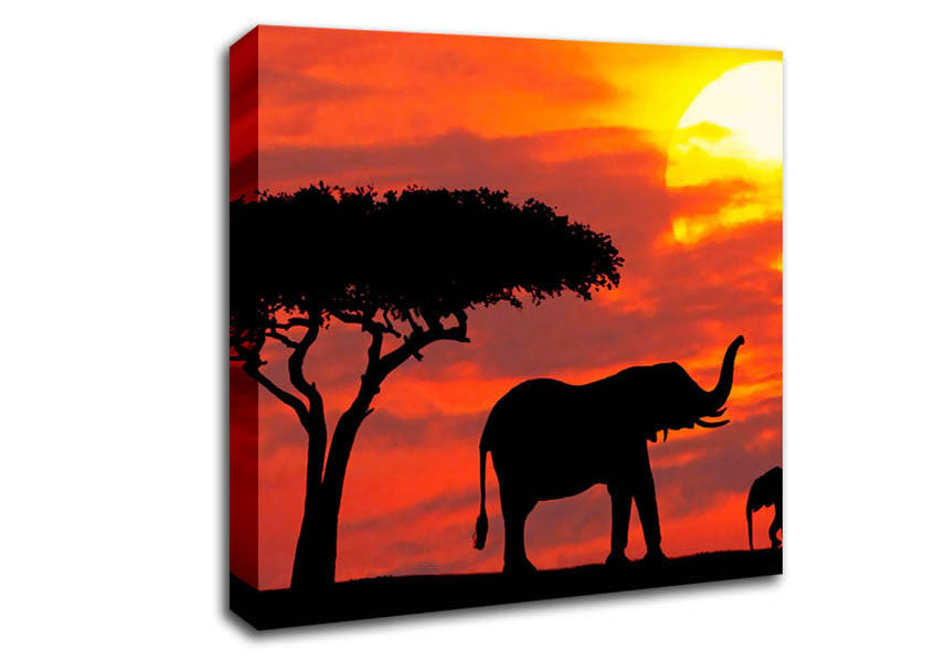 Mother And Baby Elephant Silhouetted At Sunrise Kenya Canvas Wall Art