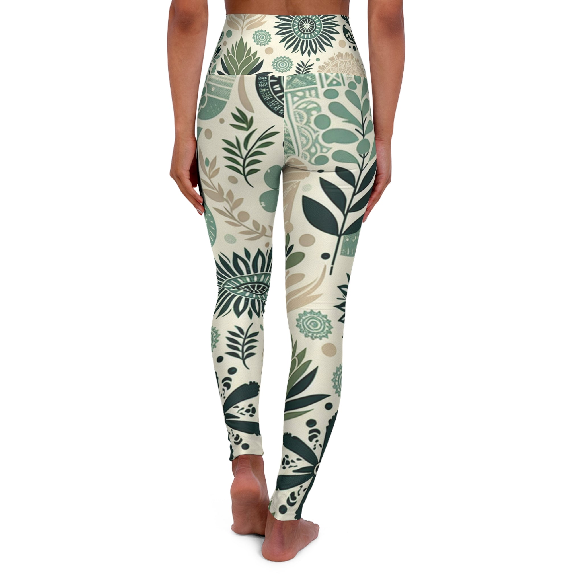 Leilani Beaumont High-Waisted Yoga Leggings - Chic Pastel Green Block Prints & Organic Shapes