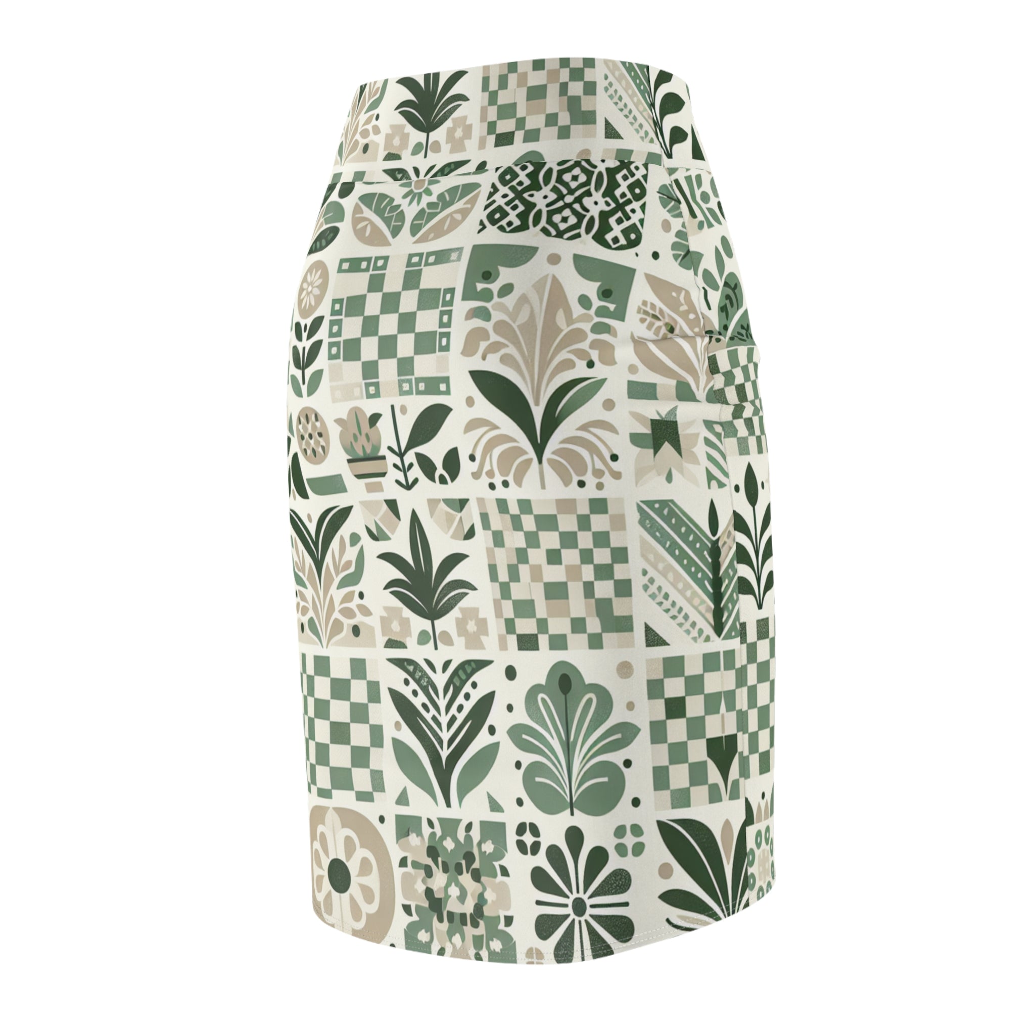 Evelyn Atelier Pencil Skirt - Contemporary Checkerboard Print in Pale Green and White
