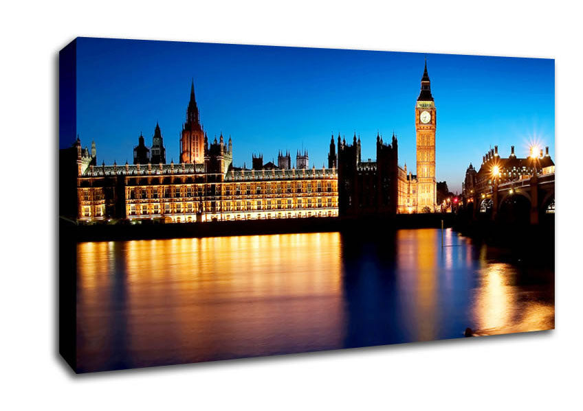 London Houses Of Parliament Night Reflections Canvas Wall Art