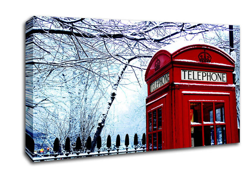 London Telephone Box In The Snow Canvas Wall Art