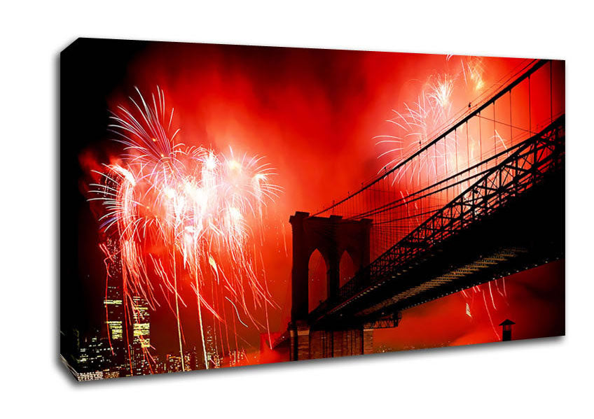 New York City Brooklyn Bridge Fireworks Red Canvas Wall Art