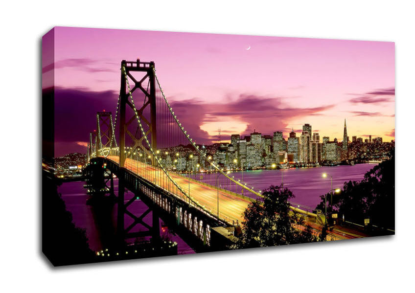 New York Harbour Brooklyn Bridge Purple Canvas Wall Art