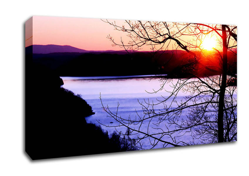 Blazing Red Sun Over The Winter Lake Canvas Wall Art