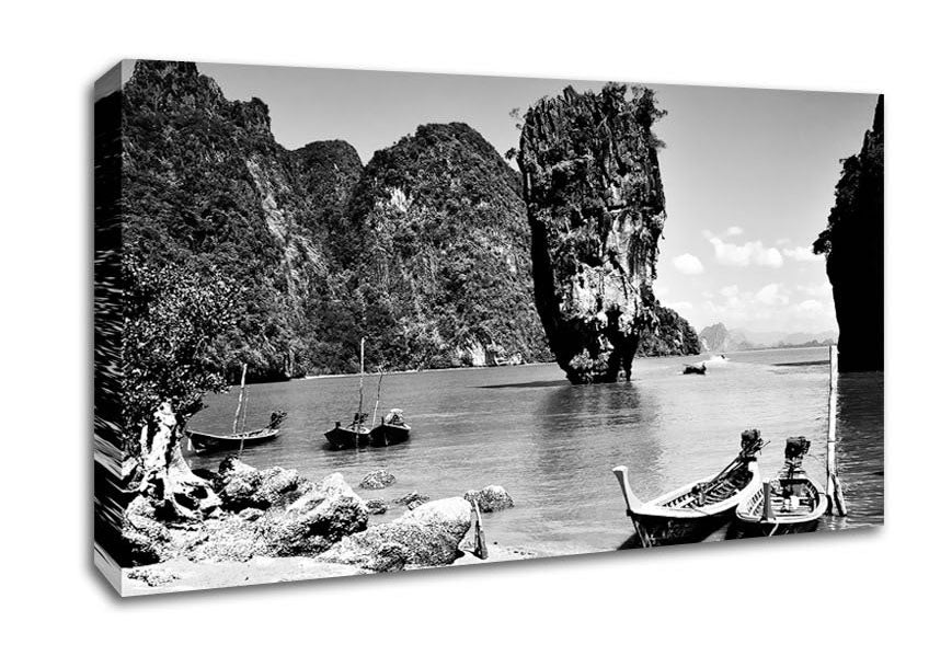 Paradise Island Boats B n W Canvas Wall Art