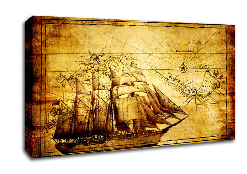 Old World Map With Ship Canvas Wall Art