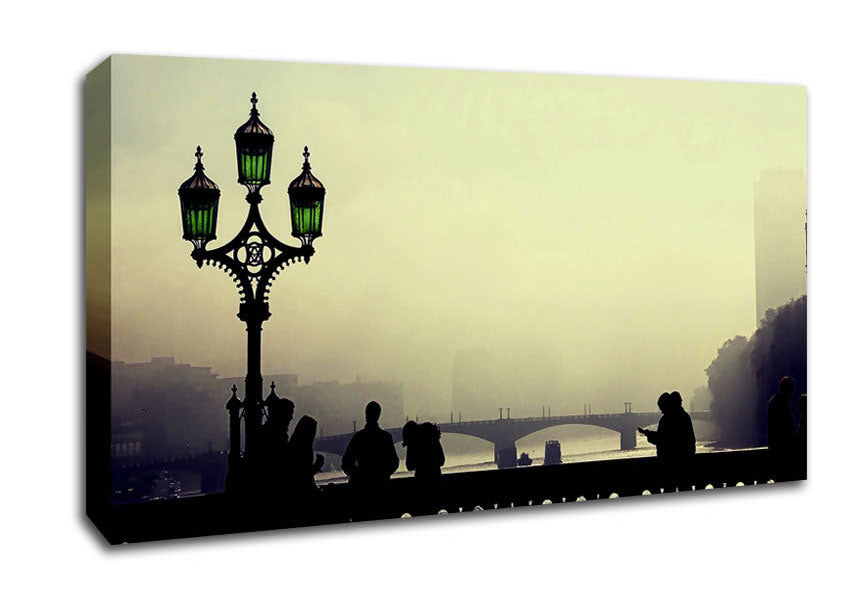 People On Misty Bridge Canvas Wall Art