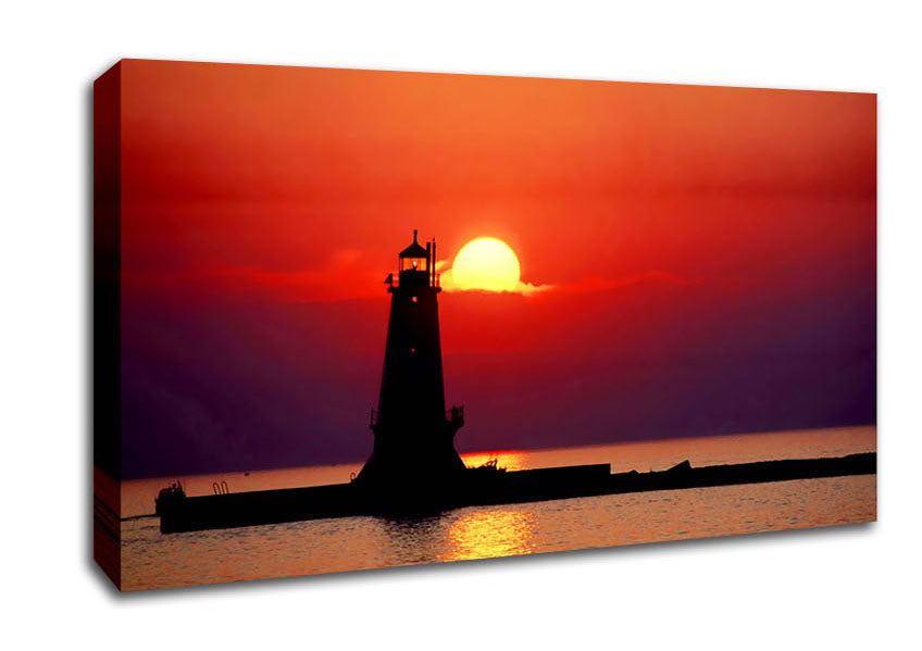 Lighthouse Sunset Red Canvas Wall Art