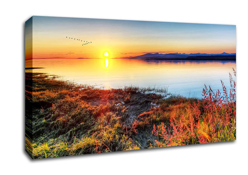 Migratory Birds Flying Over The Mountain Lake Canvas Wall Art