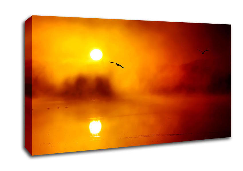 Birds Over The Golden Misty Lake Canvas Wall Art