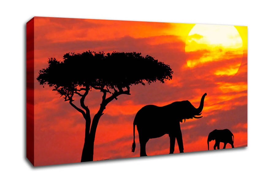Mother And Baby Elephant Silhouetted At Sunrise Kenya Canvas Wall Art