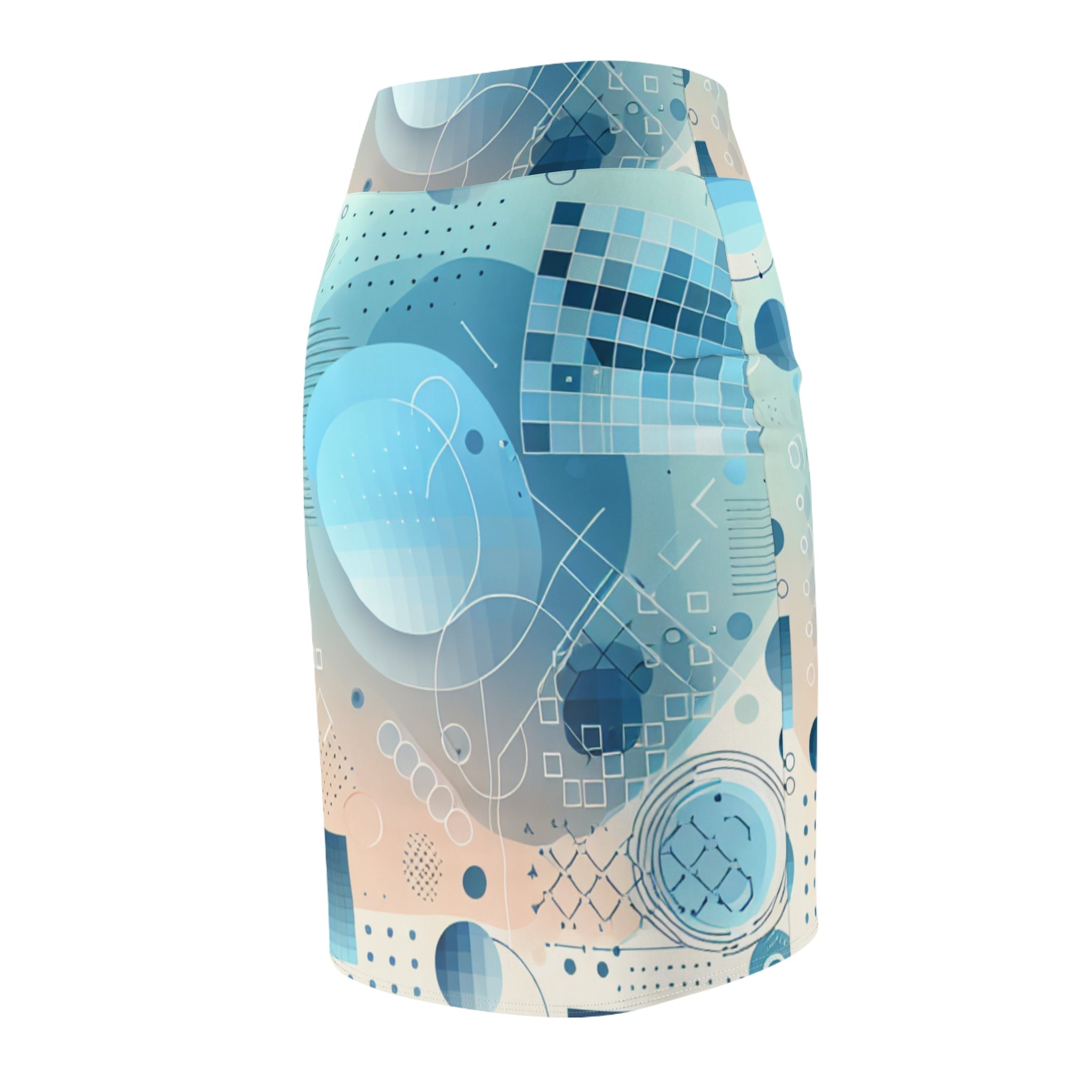Art-inspired abstract pencil skirt in pastel blues - tren...