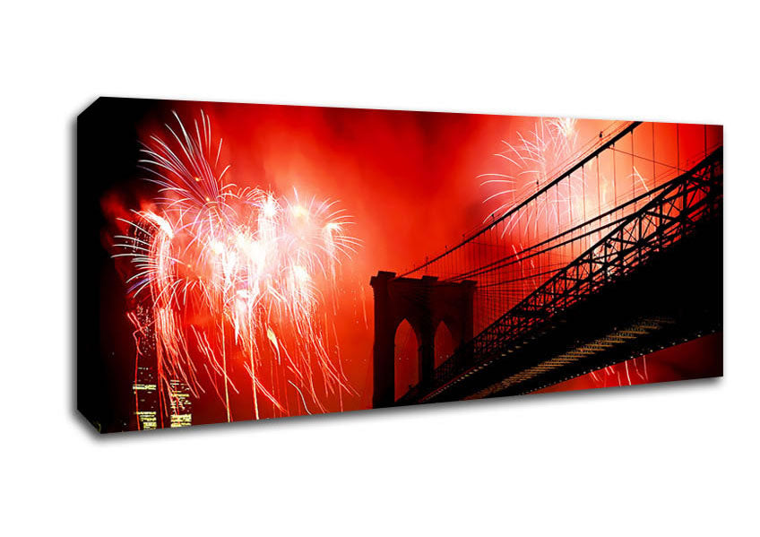 New York City Brooklyn Bridge Fireworks Red Canvas Wall Art
