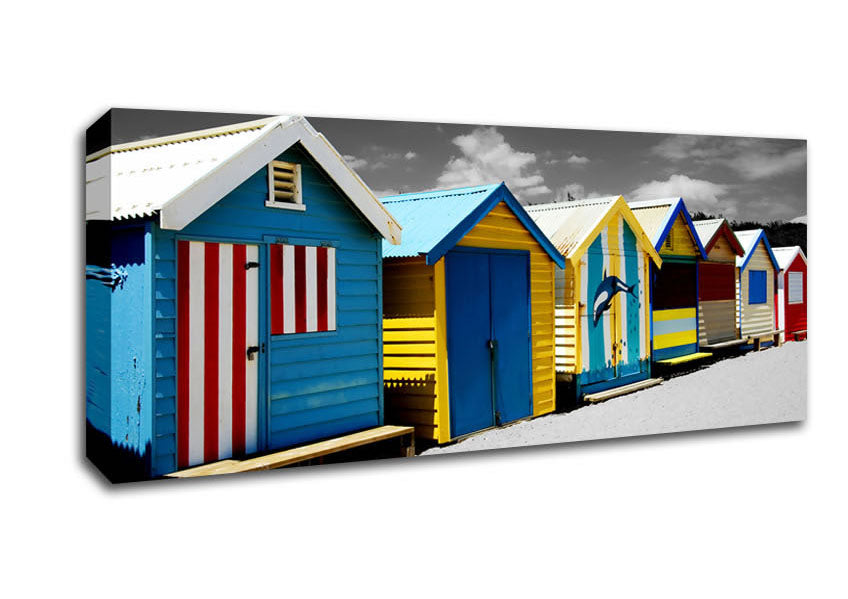 Colourful Beach Huts On B n W Canvas Wall Art