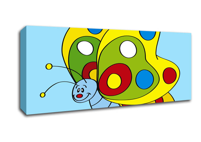 Smiling Flying Caterpilla Baby Blue Canvas Wall Art