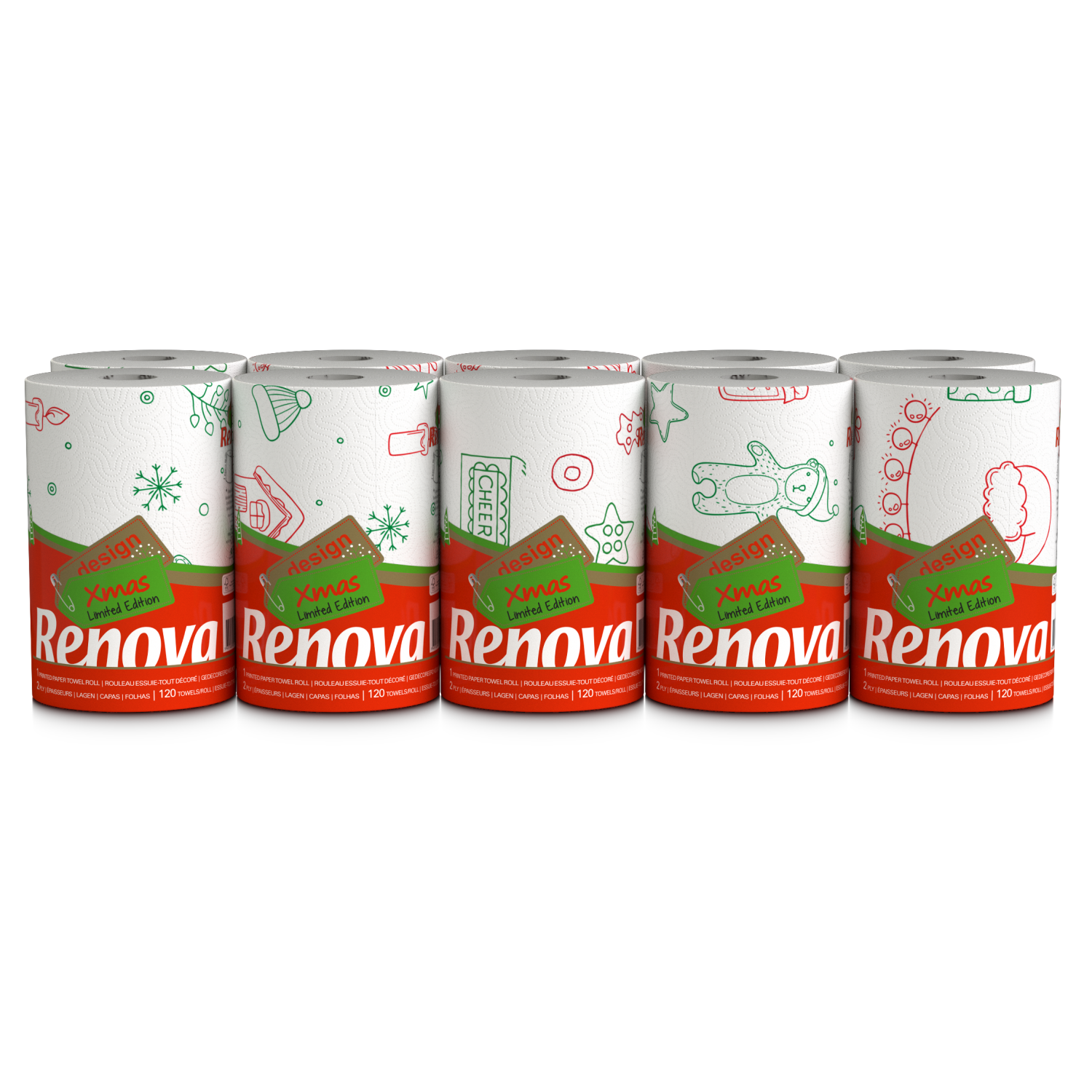 Renova Festive Christmas Kitchen Roll 1 Roll Per Pack XXL Durable Holiday Paper Towels Decorative Designs 120 Sheets