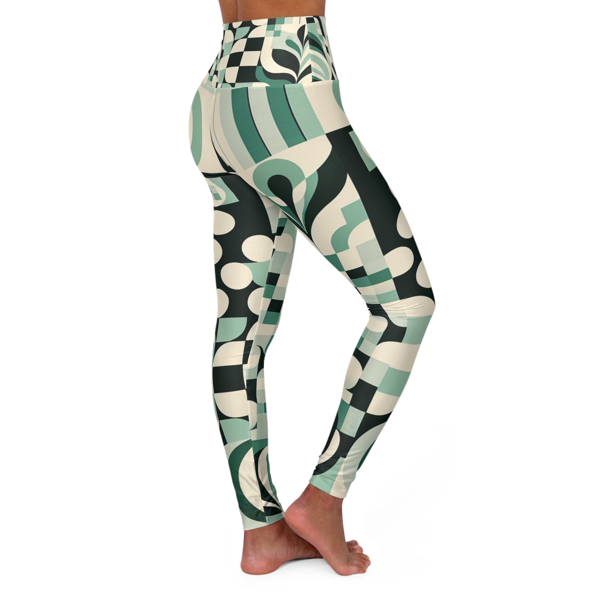 Daria Bellucci Pastel Green Modern Pattern High-Waisted Leggings with Checkerboard Print